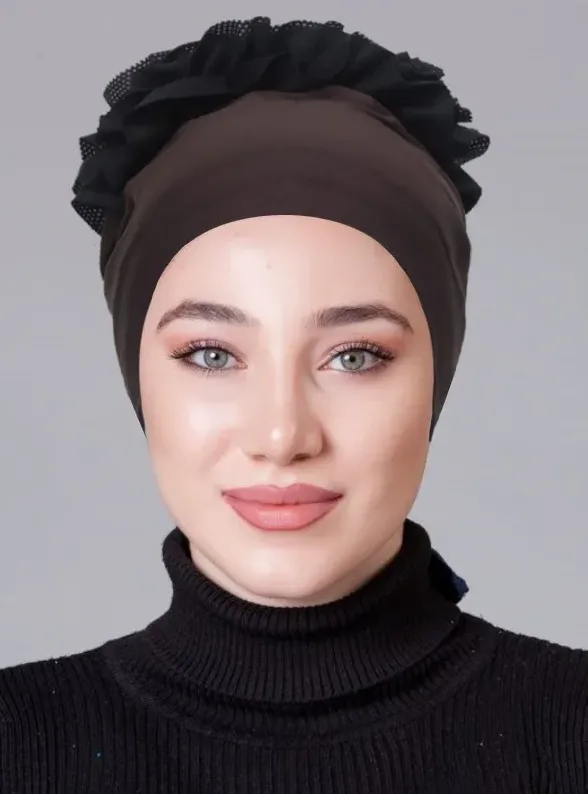 Kahverengi Fırfırlı Kaymayan Bone (Likralı) küçük görüntüsü